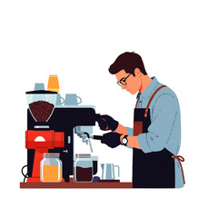 Fototapeta premium Vector flat design illustration of a barista preparing coffee with an espresso machine and grinder, showcasing cafe