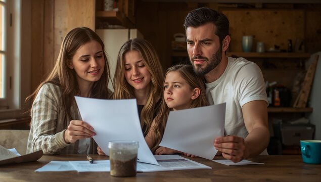 Family Reading Documents at Kitchen Table, Focused Parenting and Bonding