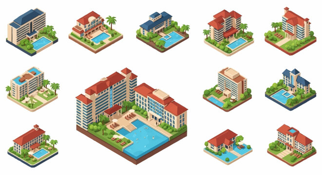 Collection of isometric hotel buildings with swimming pools and green spaces, perfect for travel and resort concepts.