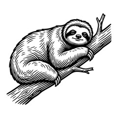 Obraz premium Engraved illustration of a sloth resting on a tree branch, showing detailed fur texture and a serene expression, ideal for natural history or wildlife themes