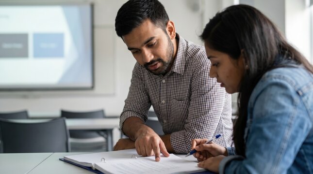 Peer Mentoring Concept: Indian Male Student Explaining Classwork to Female Classmate over Shared Binder in Minimalist Seminar Room