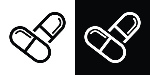 Medical capsule and round pills outline icon set. Clean linear vector graphics for healthcare, pharmacology, vitamins, and clinical treatment concepts.