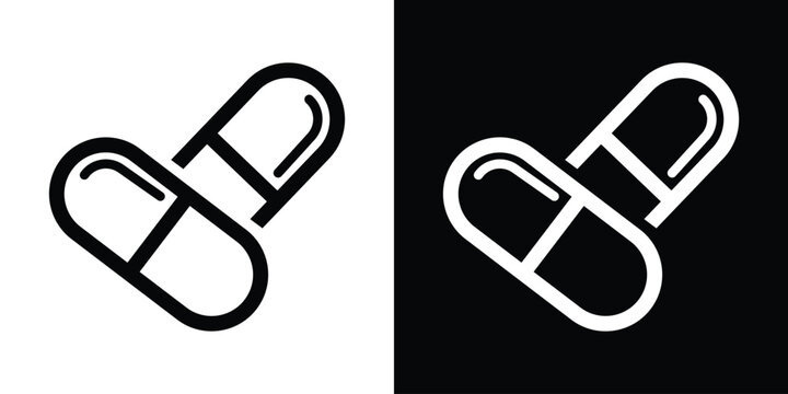 Medical capsule and round pills outline icon set. Clean linear vector graphics for healthcare, pharmacology, vitamins, and clinical treatment concepts.