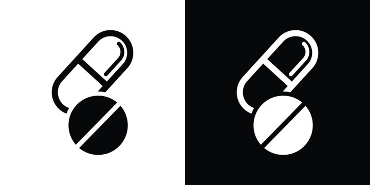 Medical capsule and pills icons set in black and white backgrounds. Minimalist flat vector design for healthcare, pharmacy, and medication themes.