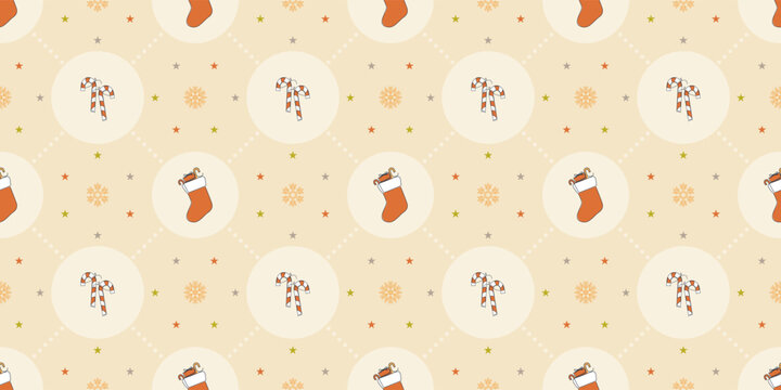 Christmas seamless pattern with stocking and candy cane on a beige background. Vector illustration