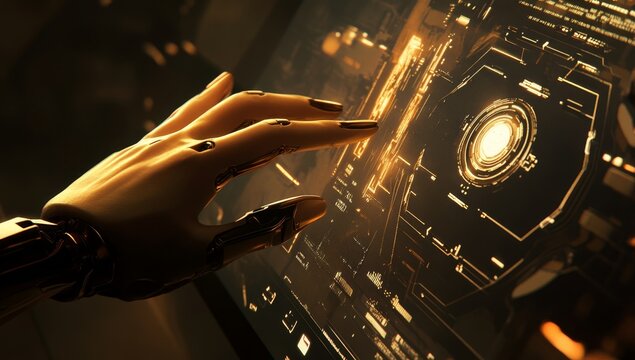 A human hand reaching or pointing towards an AI robot's digital interface, symbolizing the connection between humans and technology in futuristic 