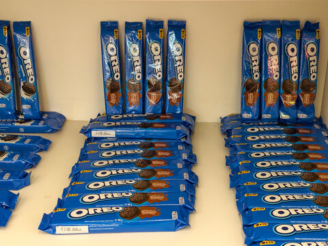 Turkey, Istanbul, June 10, 2026: Packages of Oreo cookies at a local Migros grocery store.