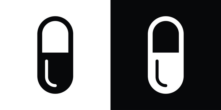 Vertical medical capsule pill vector icon. Minimalist black and white design symbol for healthcare, pharmaceutical products, vitamins, and dosage instructions.