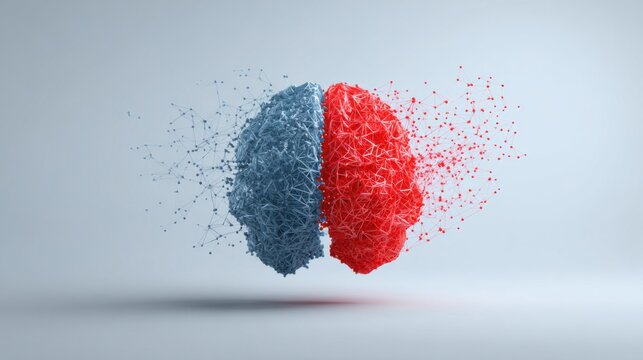Eye-catching red and blue brain representation highlighting the complexity of cognitive function and the power of human thought