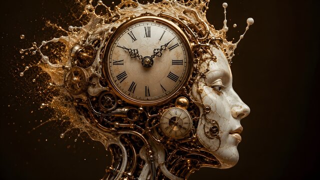 Surreal illustration of a stone face integrated with intricate golden clockwork gears and liquid splashes. Unique digital art for fantasy covers and time management concepts.