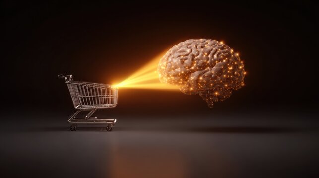 Shopping cart with exploding brain illustrating the dynamic intersection of creative ideas and commerce concepts
