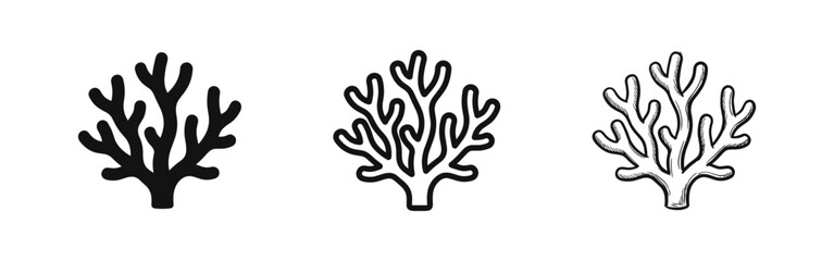 Coral Reef Marine Life Icon Set in Solid, Outline, and Hand-Drawn Sketch Styles © drawing lines
