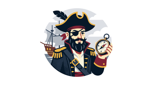 Pirate with compass and ship.