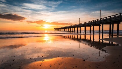 Obraz premium Sunset over calm ocean with pier reflection at beach