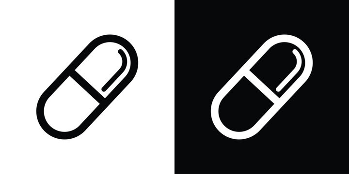 Angled medical capsule pill silhouette icon. Clean minimalist design vector symbol for pharmacy app, clinical drug prescription, and vitamin supplement.