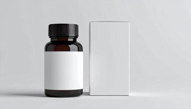 A pharmaceutical bottle and box are displayed on a plain surface.