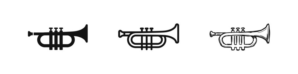 Trumpet Musical Instrument Icon Set in Three Different Styles: Solid, Outline, and Hand-Drawn Sketch © drawing lines