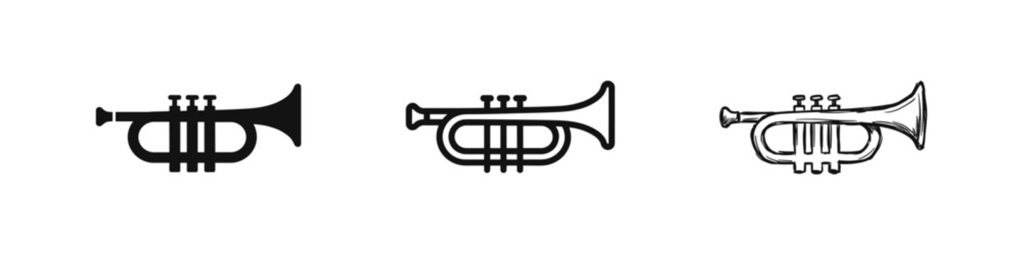 Trumpet Musical Instrument Icon Set in Three Different Styles: Solid, Outline, and Hand-Drawn Sketch
