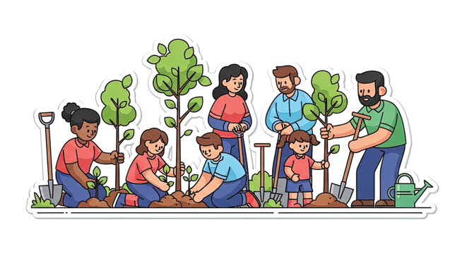 Diverse group planting trees together outdoors.