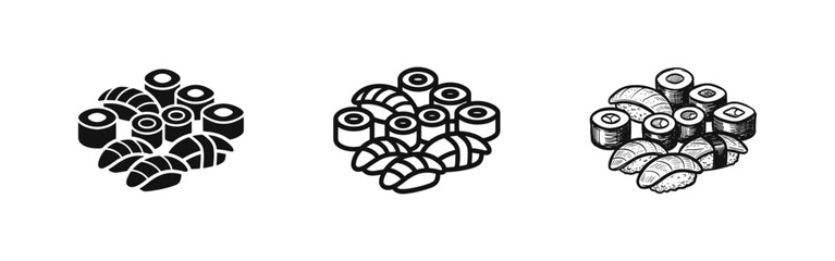 Sushi and Maki Roll Icon Set in Solid, Outline, and Hand-Drawn Styles - Japanese Cuisine Vector Illustration © drawing lines