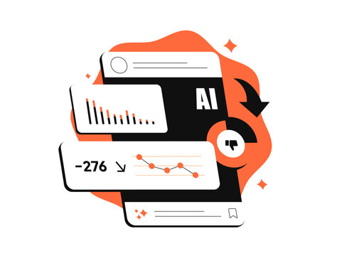 AI trust issues with declining audience confidence, negative engagement signals and social media performance loss. AI content credibility, reputation risk and audience perception vector illustration