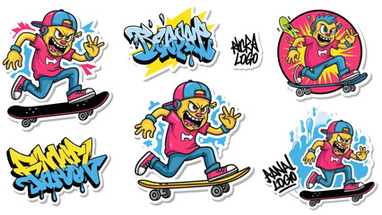 Fototapeta premium Cartoon skateboarder character designs graffiti style vector illustrations