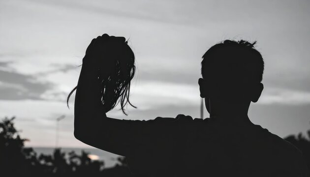 Dark silhouette of person holding a severed head outdoors.