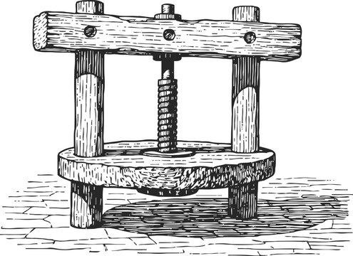 Vintage wooden bookbinding press traditional manual printing and paper crafting tool engraving illustration