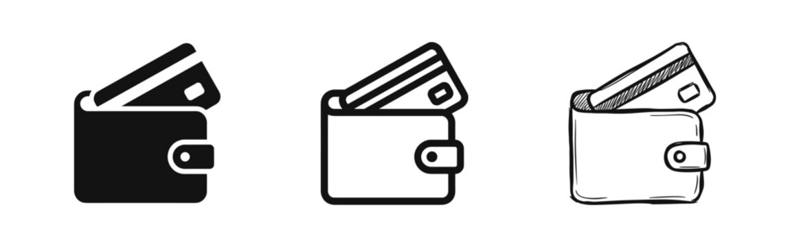 Wallet with credit card icon set. Financial payment method symbols in solid, outline, and hand-drawn styles.