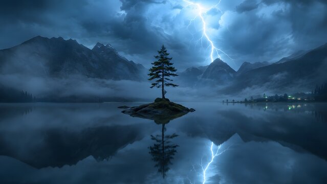 Lone pine tree on a small island in a calm lake with lightning striking a mountain. Suitable for weather storm warning sites and dramatic nature storytelling.