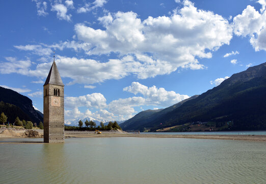 Old bell tower of the sunken church of Graun / Curon,  in lake Reschen / Resia, South Tirol, Italy