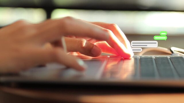 Macro 4K footage of female fingers typing on a notebook keyboard with small text dialogue bubbles popping up at intervals.