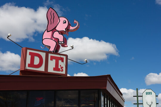 DT&rsquo;s Bar with a pink elephant sign in downtown Cheyenne, Wyoming, May 2020