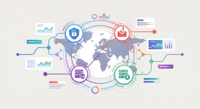 Global cyber security network concept digital data protection threat detection and secure communication with world map