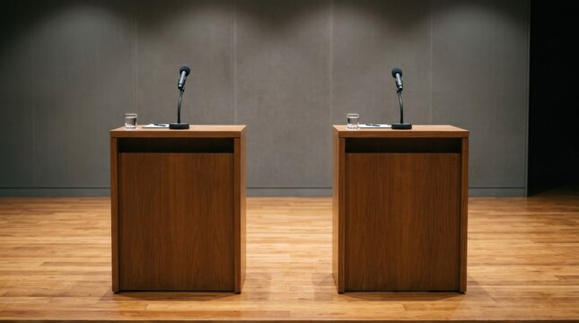 Two Empty Wooden Podiums With Microphones Set Up on a Stage for a Formal Political Debate or Public Speaking Event
