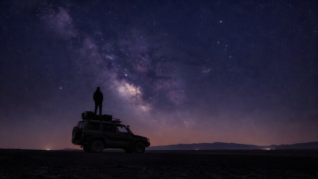 Silhouette of a person standing on an off road vehicle under a vast purple Milky Way sky This high contrast image is ideal for adventure gear ads and stargazing enthusiasts