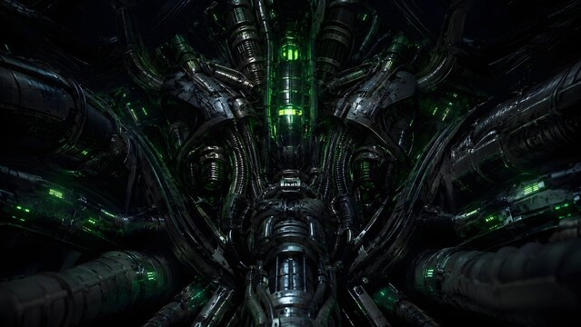 Dark sci fi mechanical core illustration with green glowing lights and complex piping This high detail industrial design is suitable for engineering and technology concepts