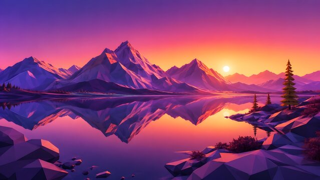 Artistic low poly landscape illustration of mountains reflecting in a calm lake at dawn This vibrant purple design is great for creative posters and minimalist wall art