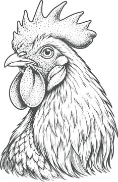 Rooster Head Portrait Black and White Illustration
