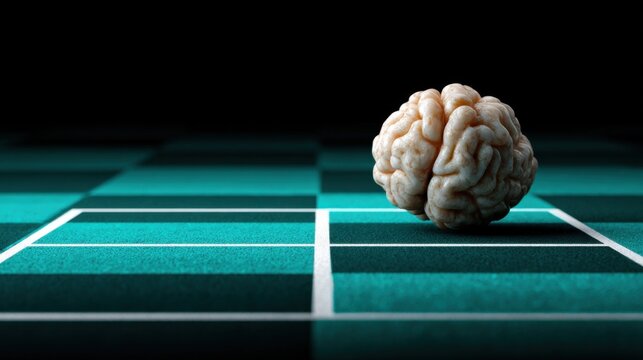 Brain positioned strategically on a chess board symbolizing strategic thinking and decision-making in intelligence