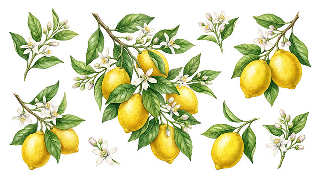 Watercolor Lemon Botanical Illustration Set with Flowers and Leaves