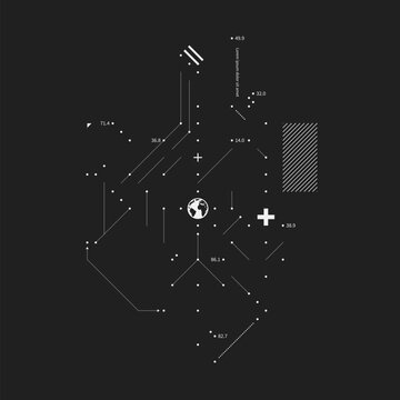 Black and white technical design with earth globe in the middle