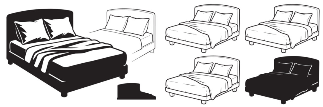 Double bed vector icon set with pillows and blanket in outline and silhouette styles for interior design and furniture concepts