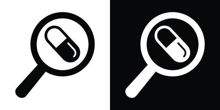 Magnifying glass focused on a medical capsule pill, representing drug research, quality control, or medical analysis.