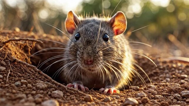 A curious wild mouse peeking out of its burrow in the natural environment