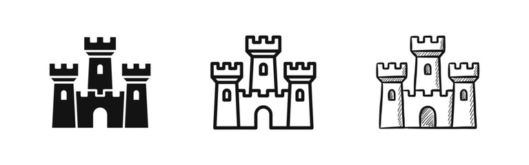 Medieval Castle Icon Collection: Fortress, Royal Palace, and Historic Building Symbols in Diverse Styles © drawing lines