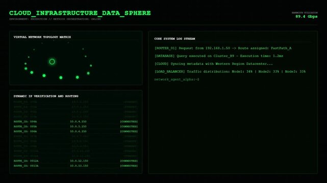 Cloud Infrastructure Data Sphere Virtual Network Topology IP Routing Load Balancer Log Stream Dashboard Animation.