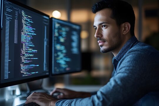 Focused male software developer writing complex code on dual monitors at night in a modern dimly lit office space