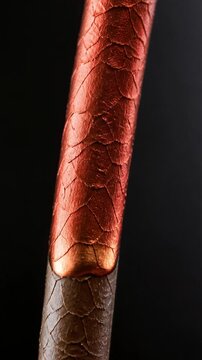 Hair strand changing color from brown to vibrant copper red, hair dye coloring process spreading along the strand, macro hair coloring concept, vertical slow motion