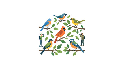 Diverse Birds and Photographers on Branches with Leaves, White Background © hamida
